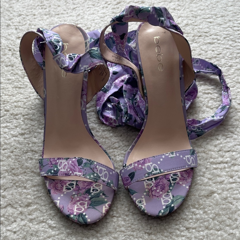 bebe Purple Floral Wrap-Heel Sandals